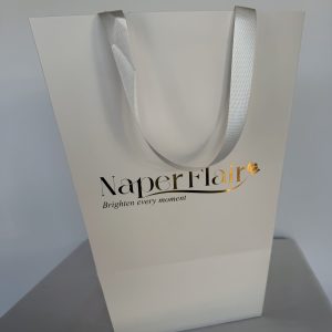 350gsm white paper bag, 9”x13”x17”, 28” handle,