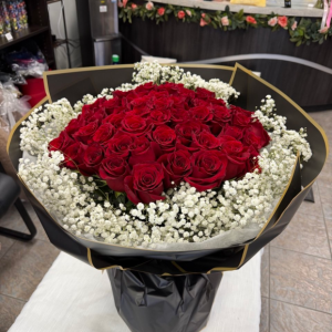 45 long-stem premium roses with baby’s breath