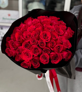45 long-stem premium roses in a black floral wrap